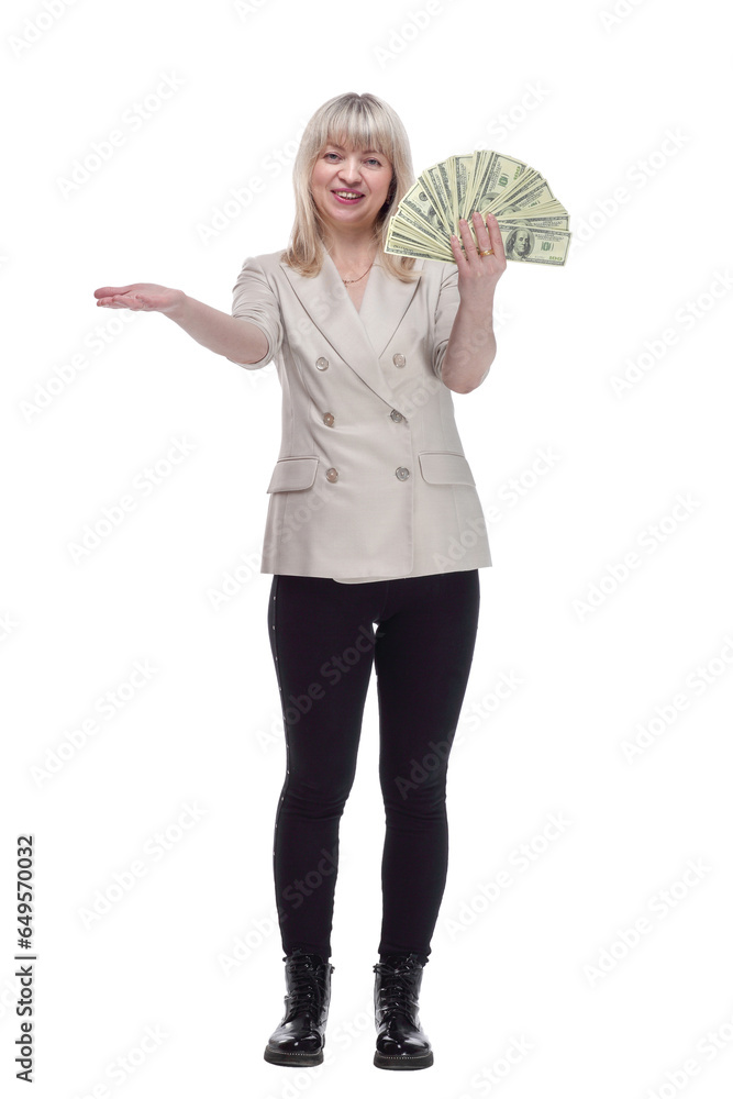 happy woman with banknote looking at you. isolated on white background.