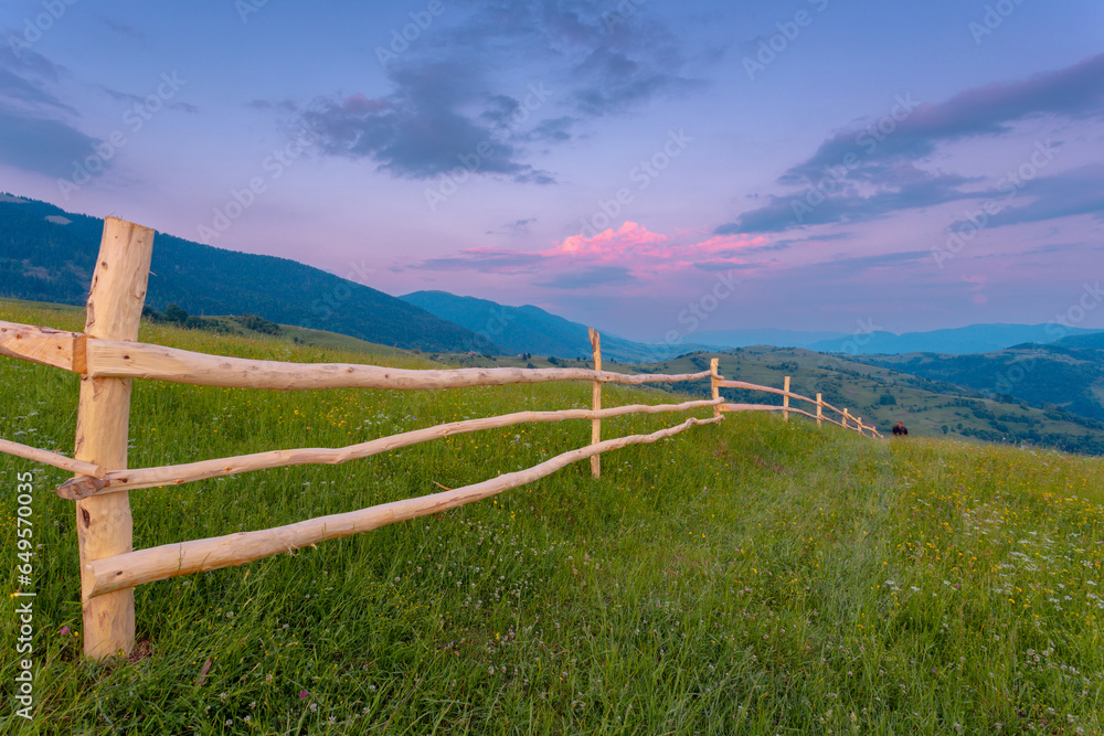 The wooden hedge on a green grass  hill in the Carpathian mountains in Ukraine in a summer evening sky with clouds.