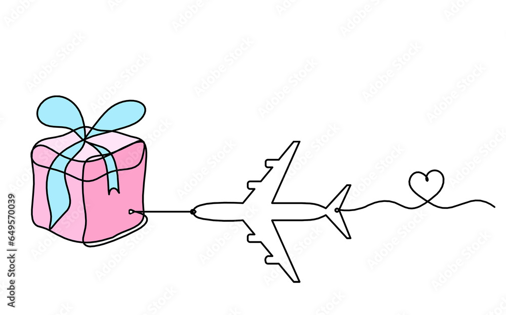 Abstract color present box and plane as continuous line drawing on white Abstract color present box and plane as continuous line drawing on white
