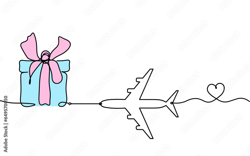 Abstract color present box and plane as continuous line drawing on white Abstract color present box and plane as continuous line drawing on white