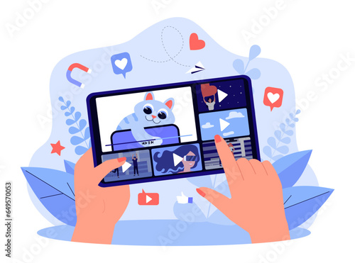 Movie streaming platform on screen vector illustration. Hands holding smartphone or tablet with variety of videos and shows, choosing media online. Streaming revolution, entertainment concept