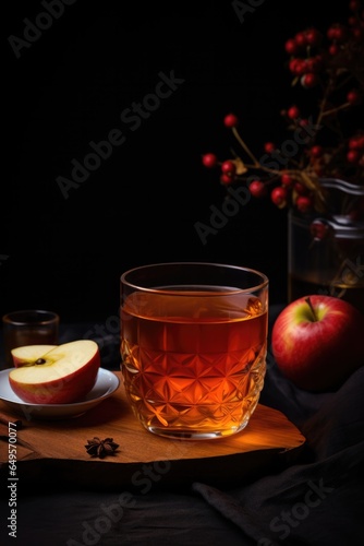 Apple tea in glass on moody background. Close up view.