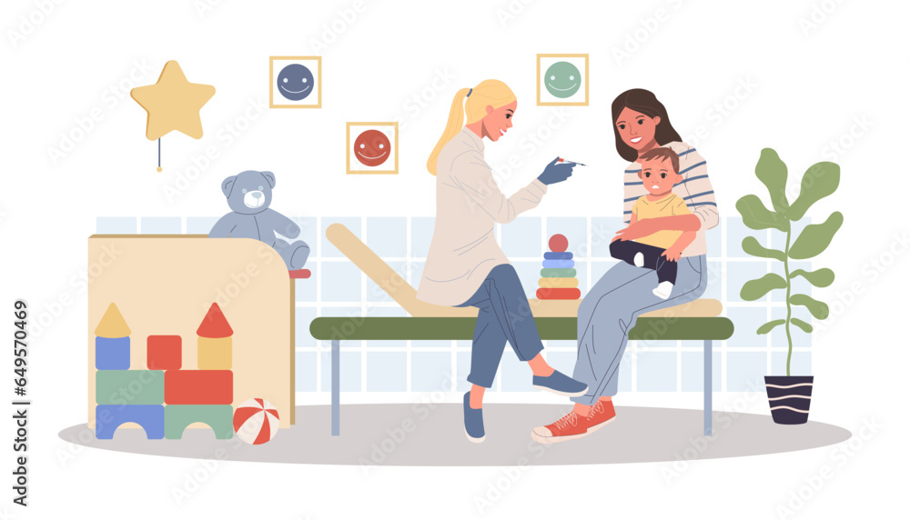 Mother comforting child before vaccination vector illustration. Nurse preparing syringe for baby in pediatrician office with toys and cozy environment. Child-friendly health care, medicine concept Mother comforting child before vaccination vector illustration. Nurse preparing syringe for baby in pediatrician office with toys and cozy environment. Child-friendly health care, medicine concept