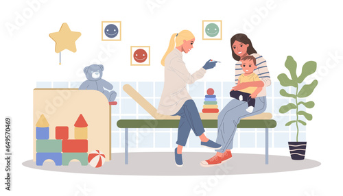 Mother comforting child before vaccination vector illustration. Nurse preparing syringe for baby in pediatrician office with toys and cozy environment. Child-friendly health care, medicine concept