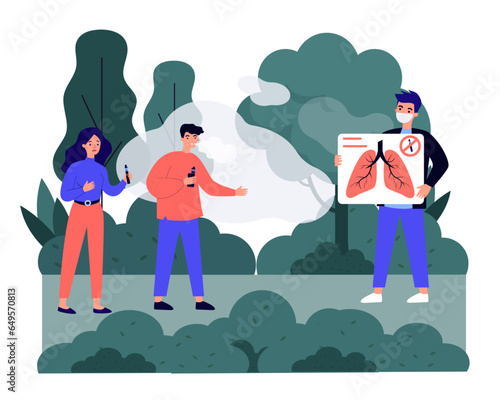 Activist showing image of healthy lungs to people with vapes. Man and woman vaping in park, harm of vapes for environment and health vector illustration. Vaping, health, nature, ecology concept