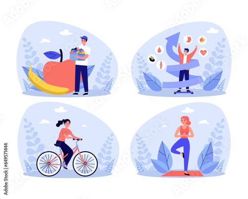 Collage of people with healthy lifestyle vector illustration. Collection of cartoon drawings of men and women buying healthy food, cycling and doing yoga. Fitness, health, weight loss, diet concept