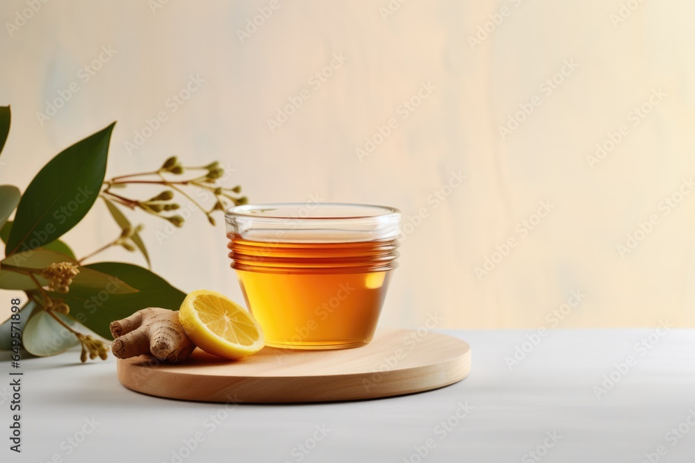 A glass of lemon tea on table top, minimal style. A glass of lemon tea on table top, minimal style.
