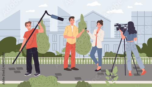 Journalist taking interview in street vector illustration. Happy reporter talking about recent news in front of camera and microphone. Media freedom, news essentials, television concept