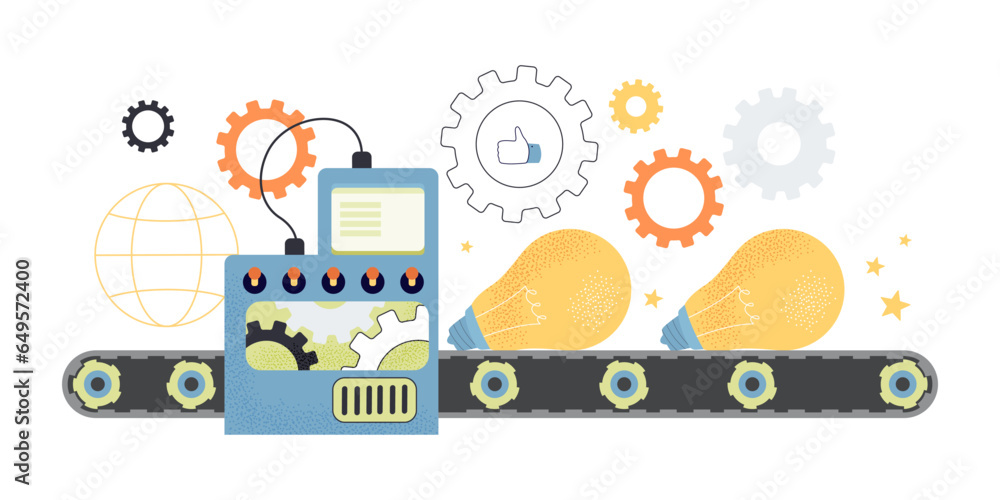 Factory producing lightbulbs vector illustration. Process of generating and refining business ideas, brainstorm of entrepreneur or team of workers. Business, ideas production concept Factory producing lightbulbs vector illustration. Process of generating and refining business ideas, brainstorm of entrepreneur or team of workers. Business, ideas production concept