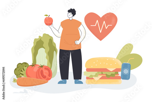 Man eating healthy food instead of junk food vector illustration. Cartoon drawing of overweight man with apple and huge hamburger and vegetables. Healthy lifestyle, diet, nutrition, junk food concept