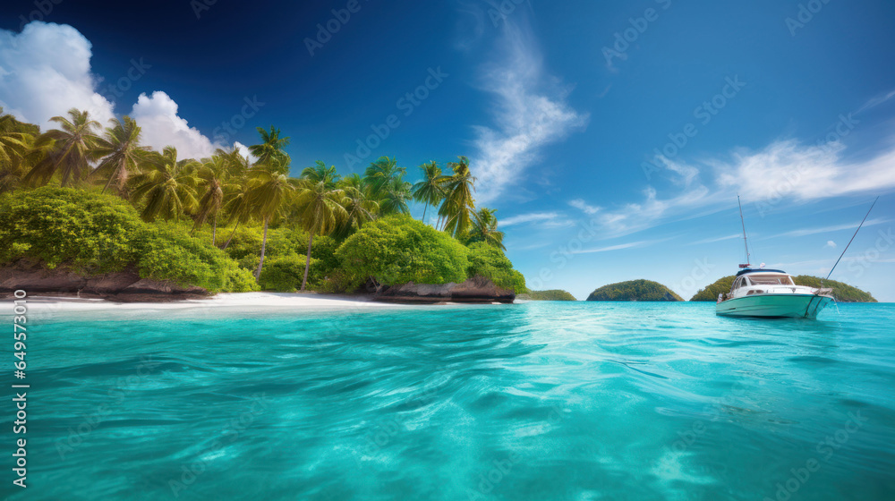 Tropical island in the ocean with palm trees and clear water Created with Generative AI technology.