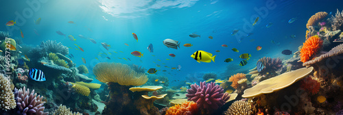 Pictures of beautiful underwater landscapes with colorful fish and coral can be used to accompany marine tourism ideas.