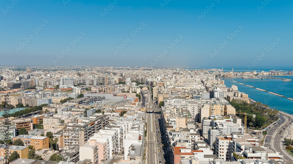 Bari, Italy. The central part of the city during the day. Railway along Via Anastasio Ballestrero. Summer. Bari - a port city on the Adriatic coast, Aerial View