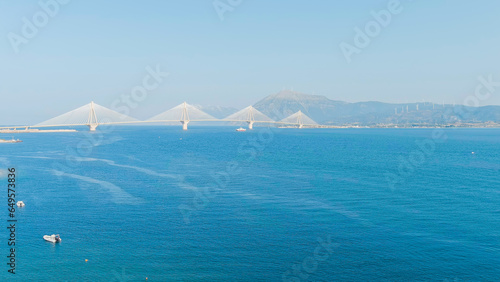 Patras  Greece. The Rio-Antirrio Bridge. Officially the Charilaos Trikoupis Bridge. Bridge over the Gulf of Corinth  Strait of Rion and Andirion   Aerial View