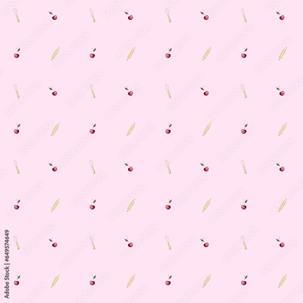hand drawn cherry pattern. cute pattern with cherries and kitchen utensils whisk and rolling pin. for printing on textiles, wrapping paper, children's aprons, napkins hand drawn cherry pattern. cute pattern with cherries and kitchen utensils whisk and rolling pin. for printing on textiles, wrapping paper, children's aprons, napkins