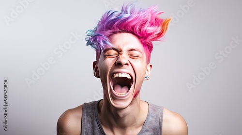Close-up photo of a handsome multi-colored-haired man smiling widely, showing off his perfect teeth. Express your emotions in a brightly lit room The concept of people and happiness