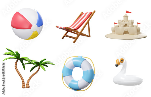 3D set of beach item icon isolated on white background, 3D rendering vacation time concept.