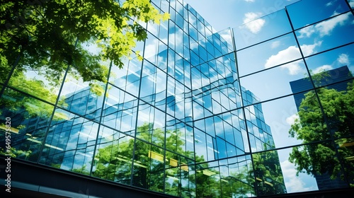 The glass skyscraper facade reflects the lush green leaves of trees, the intersection of urban development and nature. The concepts of ESG (Environmental, Social, and Governance) and impact investing.