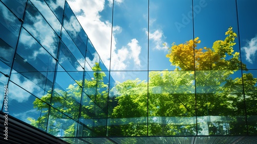 The glass skyscraper facade reflects the lush green leaves of trees, the intersection of urban development and nature. The concepts of ESG (Environmental, Social, and Governance) and impact investing. photo