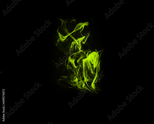 Green flame, black background and smoke, fire and incense with mockup space and art. Creative abstract, light and mist with special effect, burning and dark in a studio, glow and texture with spark
