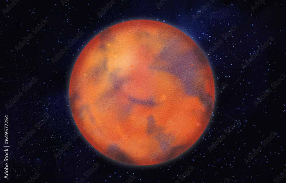 Mars - the fourth planet in the solar system. Nighttime starry sky. for schools, astronomy, notebook and diaries. In astrology - fire and war, patron of zodiac sign Aries. Watercolor illustration. Mars - the fourth planet in the solar system. Nighttime starry sky. for schools, astronomy, notebook and diaries. In astrology - fire and war, patron of zodiac sign Aries. Watercolor illustration.