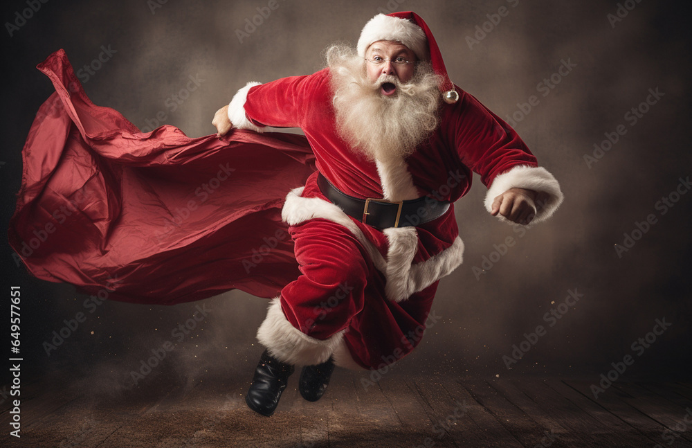 In a cinematic ambiance, Santa Claus is captured in an action-packed moment, dashing with his sack in a thrilling exit. The mood and tone convey a sense of cinematic excitement. Generative AI. - obrazy, fototapety, plakaty 