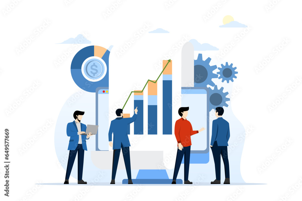 business team analysis concept Data and research on monitor dashboard web monitoring report. financial investment graph reporting performance results with business meeting work. vector illustration. business team analysis concept Data and research on monitor dashboard web monitoring report. financial investment graph reporting performance results with business meeting work. vector illustration.