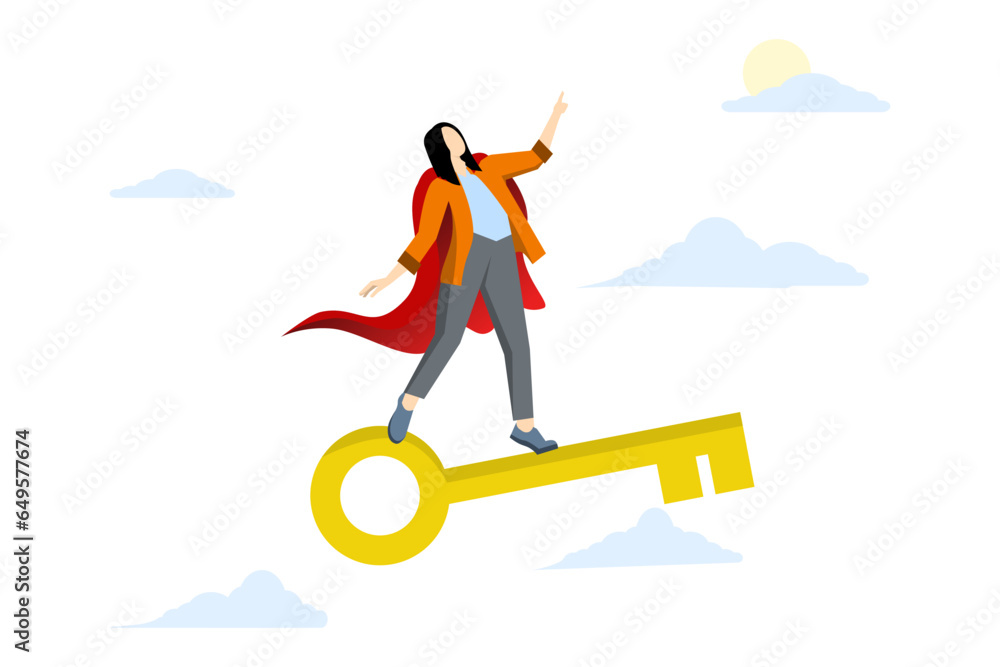 Success key concept to unlock true potential to win business or career advancement, moving forward towards a bright future, business direction, entrepreneurial leader riding the golden key to success.