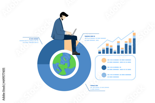 World finance or economy concept, global portfolio asset allocation, world stock market investment, international market share pie chart, businessman working with computer laptop on world pie chart.