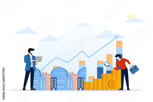 Business real estate investment concept with group investors meeting. business real estate investment. investor group meetings, rising real estate market, home presentations. vector illustration.