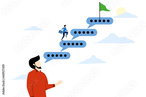 concept of effective advice or feedback to motivate success, comments, opinions for career, help or communication to support employees, businessman jumps on speech bubble advice to success.