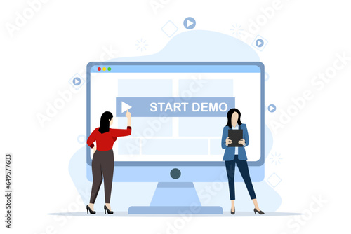 Flat design of initial demo concept. Involves a paid demo of an app or website. The phone screen displays clear content with a prominent demo start button. in-depth user experience and trial period.