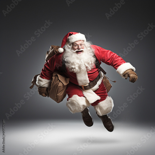 In a cinematic ambiance, Santa Claus is captured in an action-packed moment, dashing with his sack in a thrilling exit. The mood and tone convey a sense of cinematic excitement. Generative AI.