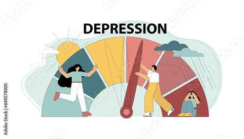 Depression concept. Emotional overload, depression. Stress levels are reduced by the concept of problem solving and the pressure of tiny people