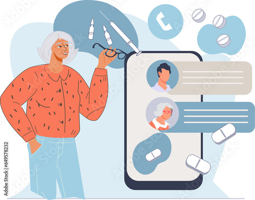 Online medicine or telemedicine concept with senior elderly woman getting doctor consultation in app. Online medical service.