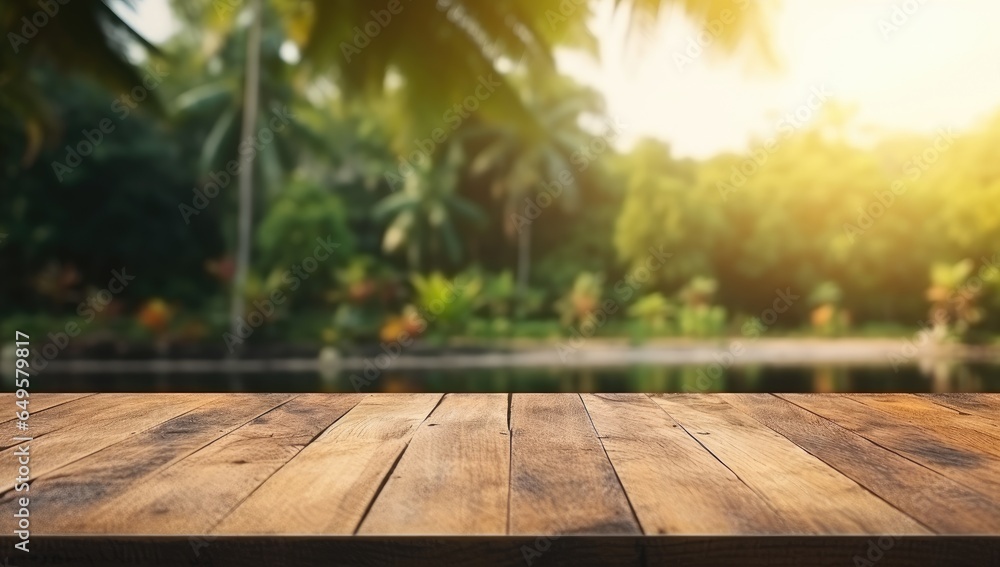 Wooden table with green forest and beach background.