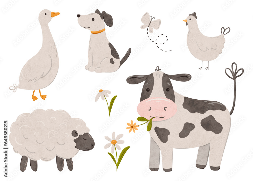 Naklejka premium Cute farm animals collection, flat animal illustration, cow, sheep, chicken, dog, goose, butterfly and daisy. Cartoon characters for kids isolated, big bundle with textured effect. Hand drawn doodle