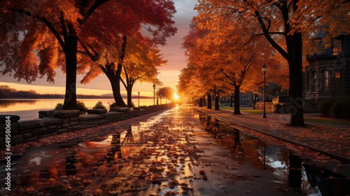 Picturesque autumn street scene. The trees lining the street are adorned with leaves in rich orange and gold hues that fall softly onto the slightly damp ground below. The street is flooded with warm 