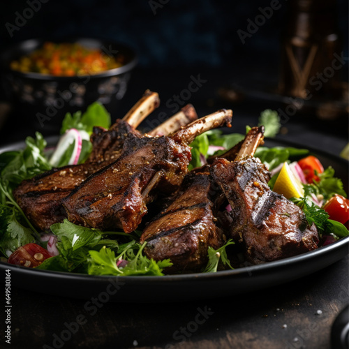 tandoori grilled lamb chops with salad in a plate