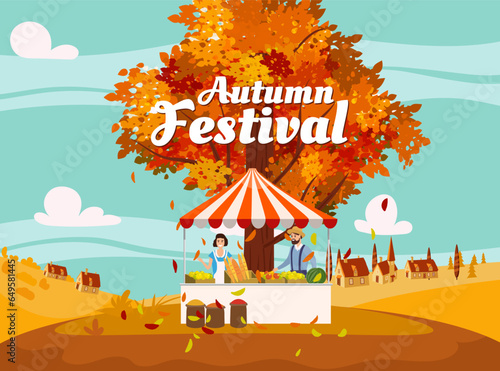 Autumn Festival fair local market countryside, apple tree, farm, rural village