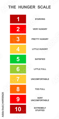 Vertical hunger scale. Food fullness level. Ghrelin and leptin balance meter. Appetite regulation infographic for weight loss isolated on white background. Vector flat illustration