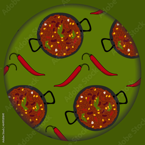 Abstract background in cut paper style with a pattern of Mexican dish chili con carne and hot pepper