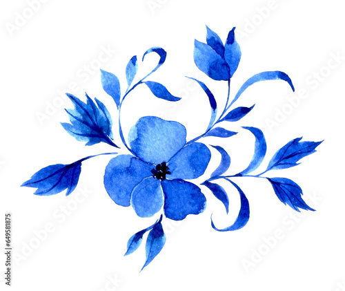 Watercolor drawing, blue ornament of flowers and leaves, Gzhel. abstract flowers photo