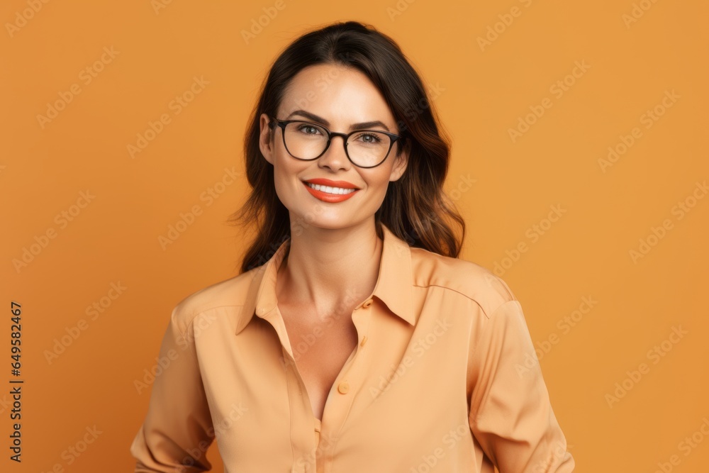 Portrait of happy smiling young businesswoman in eyeglasses on orange background - obrazy, fototapety, plakaty 