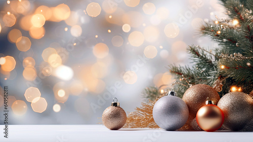 Christmas background with christmas baubles, gifts decoration - Xmas theme