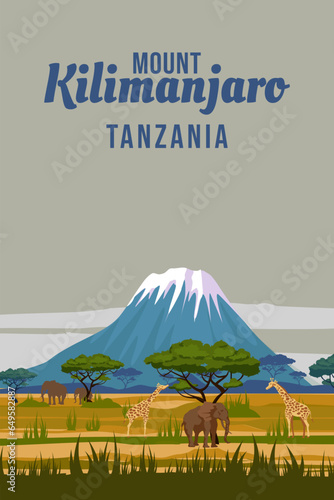 Africa travel poster savanna sunset Kilimanjaro Tanzania