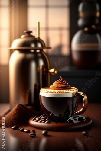 Coffee shop,  coffee beans, cappuccino, latte, flowers, morning, coffee table,  highly detalied,  coffee pot photo