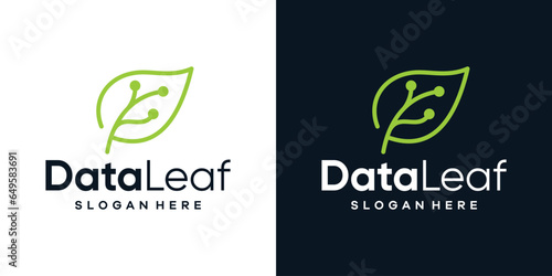 Green tech logo design template. leaf with digital data technology design graphic vector illustration. Symbol, icon, creative. photo