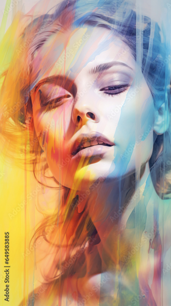 Multi-colored paint illustration of a young beautiful girl