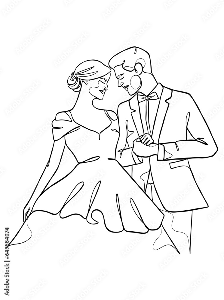 Continuous one line drawing of a wedding couple. Vector illustration. Continuous one line drawing of a wedding couple. Vector illustration.